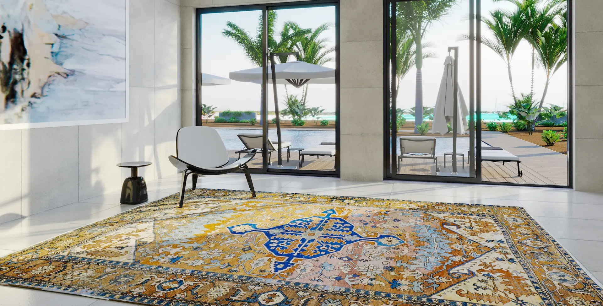 Vintage Classic Heriz rug featuring a bold central medallion, intricate floral motifs, and a rich, time-worn color palette.