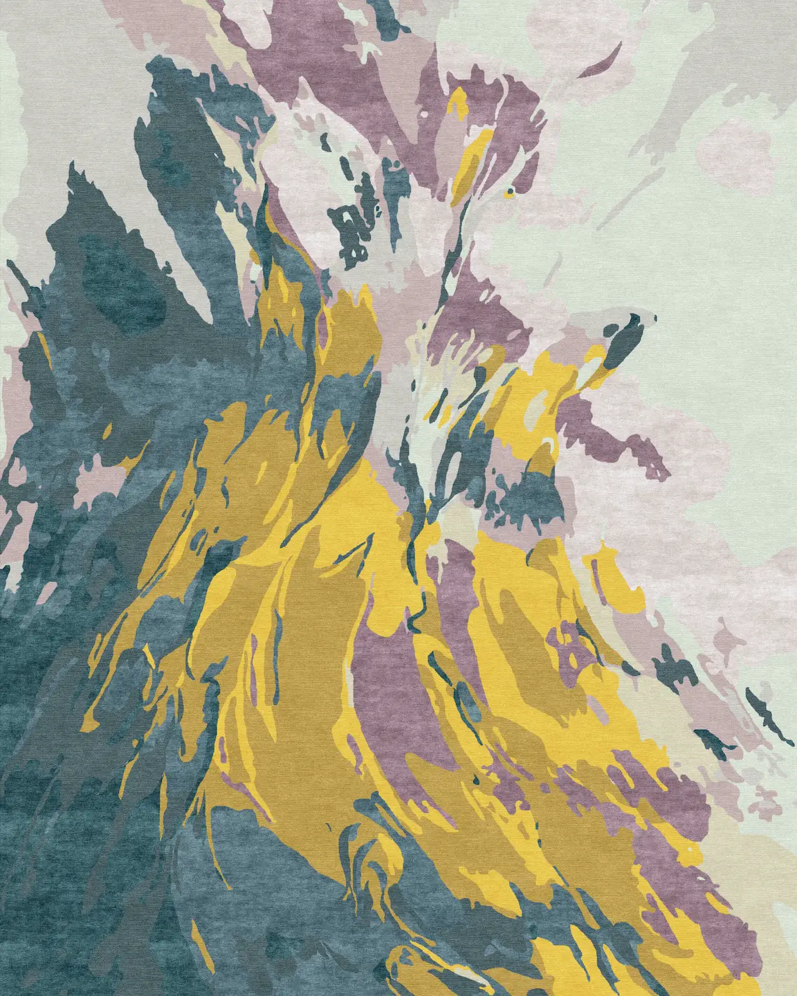 Abstract design of the Juno Autumn rug by Vaheed Taheri featuring autumn colors, blending shades of yellow, green, and pink, emphasizing modern aesthetics and craftsmanship.